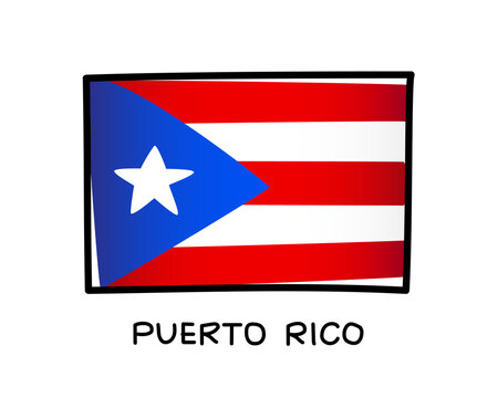 Flag of Puerto Rico. Colorful Puerto Rican flag logo. Blue, red and white hand-drawn brush strokes. Black outline. Vector illustration