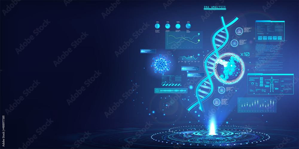 Poster DNAa strand research and analysis in futuristic style with HUD interface. DNA sequencing with the obtained data in a futuristic laboratory. Research of genetic molecular helix. Healthcare HUD vector
