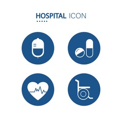 Symbol of hospital equipment icons on blue circle shape such icons as pill, blood bag, wheelchair and heart rate isolated on white background. Vector illustration.