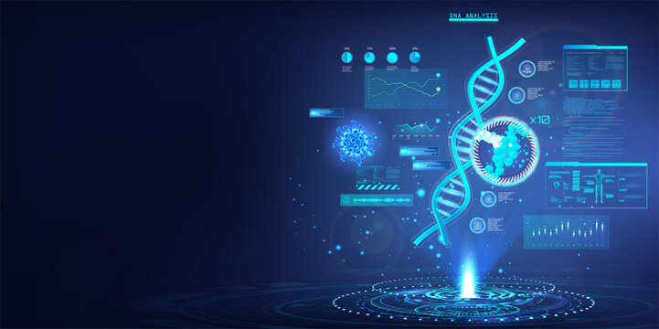 DNAa strand research and analysis in futuristic style with HUD interface. DNA sequencing with the obtained data in a futuristic laboratory. Research of genetic molecular helix. Healthcare HUD vector