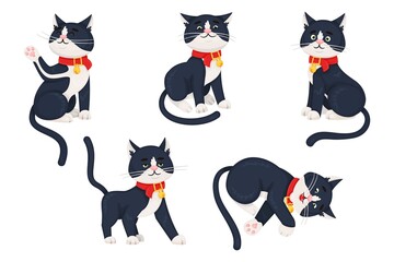 Stickers set. Cute black kitten in different poses. Cheerful funny playful pet. Vector illustration.