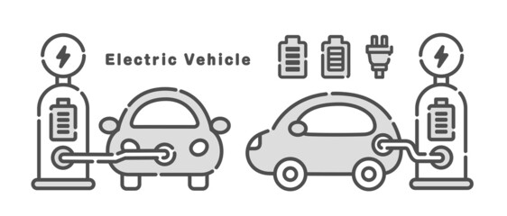 充電中の電気自動車ベクターイラスト。アイコンセット。