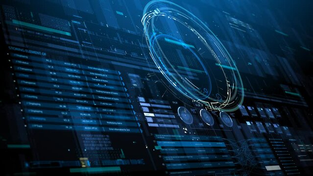 Dark blue abstract HUD technology motion background. Depth of field. 3D rendering