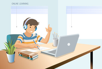 boy in headphones using laptop and studying online with teacher video call at home homeschool, remote learning