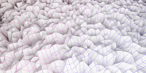 Mounds, ridges and creeks in white grid data. 3D low poly terrain abstract in white and colorful mesh..3D illustration, 3D rendering.