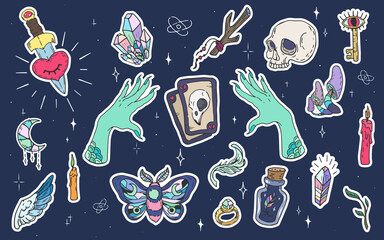 Witchcraft sticker set with mystic symbols, crystals, tarot cards, witch hands and scull. Magic hand drawn illustration on dark background.