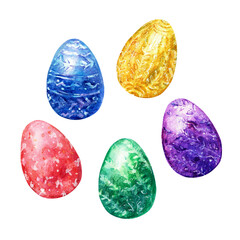 Hand drawn watercolor easter eggs in bright colors with ornaments