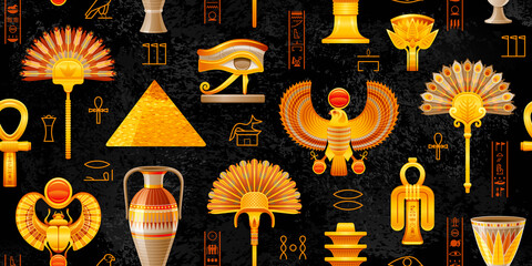 Ancient egyptian pattern. Pharaoh vector background from Egypt. Ankh old horus, scarab, pyramid. Hieroglyph symbol, icon. Historic ornament Design. Seamless pattern background. Egyptian wallpaper