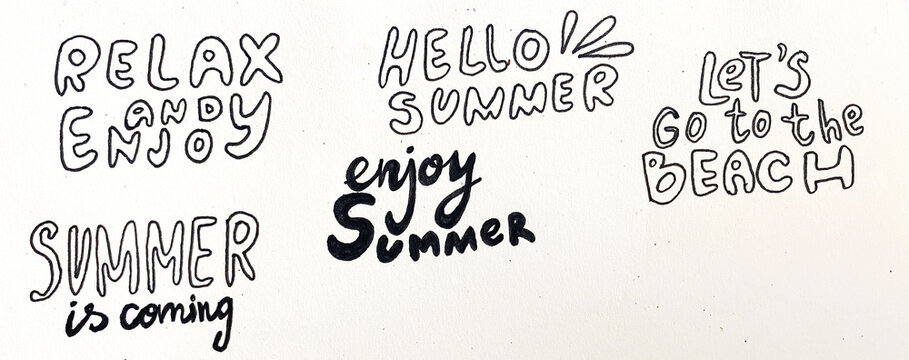 Simple and stylish modern colorful illustration, hand drawn elements, doodles, lettering, phrase. Summer vacation