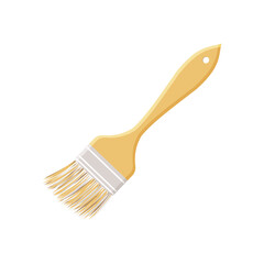 Paintbrush with a wooden yellow handle for artistic and repair work tilted diagonally, isolated on a white background. 