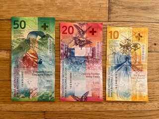 Swiss banknotes closeup. 80 Swiss francs of different denomination. Swiss currency. Legal tender of Switzerland. Money, banknotes