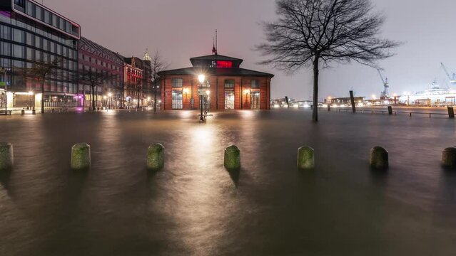 Time lapse sequence of a storm surge at Hamburger Fischmarkt caused by hurricane Zeynep