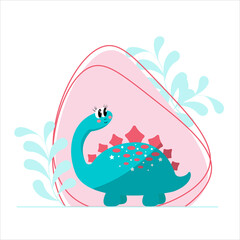 Cute dino. small dinosaur diplodocus on background of tropical leaves. Dino is princess. Textile, print, gift packaging.