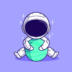 cute illustration astronaut character holding the big planet