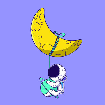 cute illustration of astronaut character playing with moon balloon