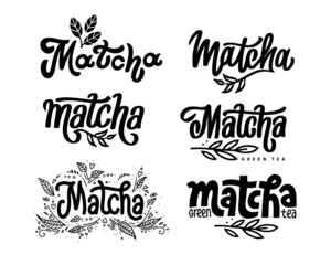 Set of Matcha logo design. Lettering decorated of branch leaves. Black hand-drawn vector calligraphy for tea product. Green asian japanese beverage.