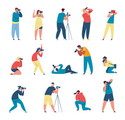 Professional photographers taking with camera, journalists. Photographer character shooting photo, cameraman or paparazzi vector set. Illustration of photography professional, photograph hobby