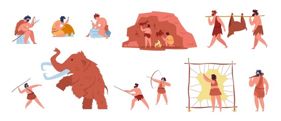 Primitive people life, prehistoric characters hunting mammoth. Caveman making tools and cave art, stone age hunters with weapons vector set. Illustration of character hunting