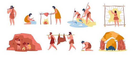 Prehistoric people with stone age tools, Cavemen hunt mammoth. Primitive characters hunting, cooking food, making fire, caveman hut vector set. Illustration of people primitive hunting - obrazy, fototapety, plakaty