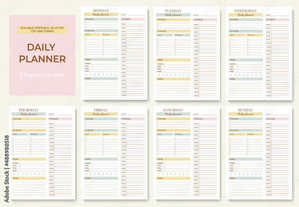 Fototapete Minimalist printable planner page templates. Daily planner for every day with 12 hour time format. Schedule, tasks, notes for the day. Vector graphic set for daily routine.