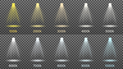 Set of light from lamps, spotlights. Color temperature from 1000 to 10000 Kelvin. Vector illustration.