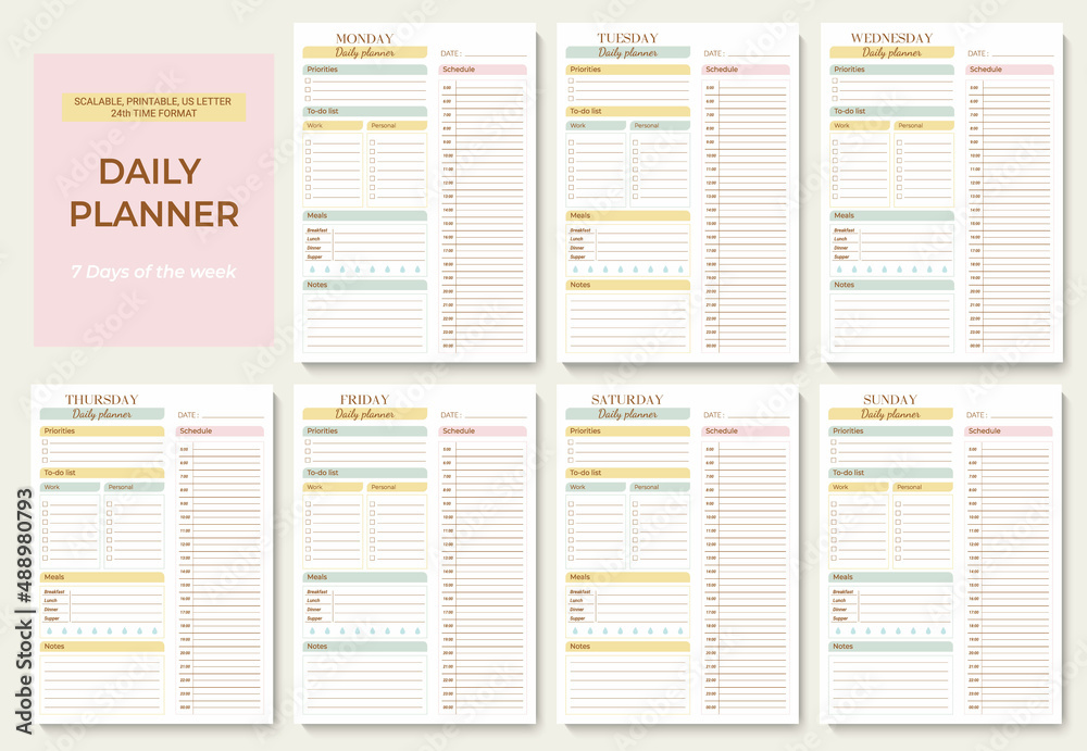 Fototapete minimalist printable planner page templates. daily planner for every day with 24 hour time format. s
