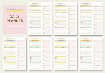 Minimalist printable planner page templates. Daily planner for every day with 24 hour time format. Schedule, tasks, notes for the day. Vector graphic set for daily routine.