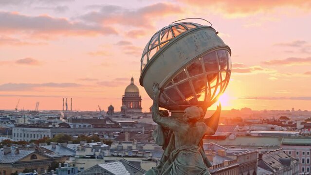 Aerial view of Saint Petersburg city. Dome of zinger house on sunset.