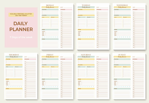 Minimalist printable planner page templates. Daily planner for every day with 24 hour time format. Schedule, tasks, notes for the day. Vector graphic set for daily routine.