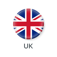 UK flag 3d icon. United Kingdom circle badge or button. Round British symbol. Vector illustration.