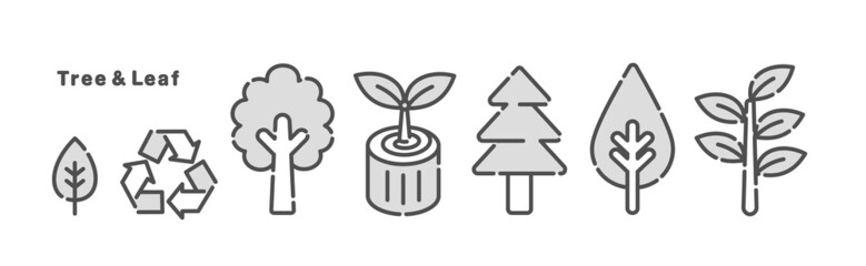 A simple illustration of a tree and leaves. Icon set.