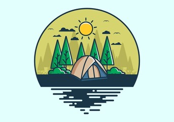 Fun camping with dome tent flat illustration