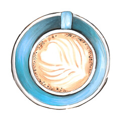 Hand drawn watercolor illustration. Coffee cup in cafe. Cappuccino or latte.