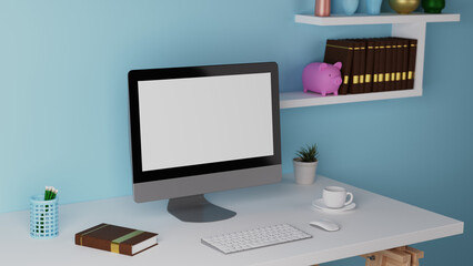 computer with a white screen on the office table. 3D rendering