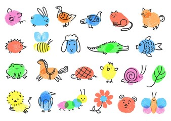 Obraz premium Finger paint art game for kids, easy fingerprint animals. Childish drawing with fingerprints, fun educational children activity vector set. Animal finger art, hobby fingerprint illustration