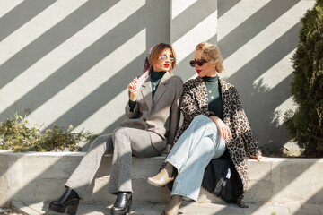 Two beautiful stylish girlfriends of the model in fashionable clothes with leopard coats, clush...