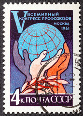 USSR - CIRCA 1961: A stamp printed in the USSR, shows 5th World Congress of Trade Unions, circa 1961