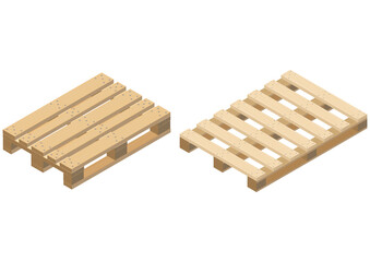 Wooden pallets, isometric view. Realistic image with wood texture and fixing nails. 3D Render. Vector illustration.