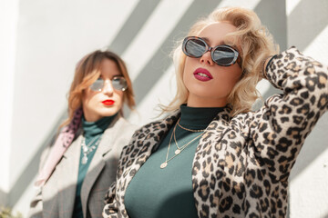 Fashion pretty blonde woman with vintage sunglasses in stylish leopard coat and sweater walks on...