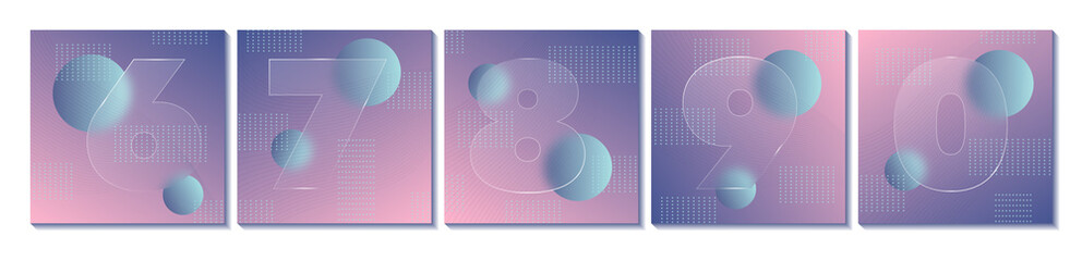 Square carousel stories social media posts. Glass morphism effect. Transparent frosted acrylic shape numbers on pastel gradient background. Futuristic realistic glassmorphism. Vector