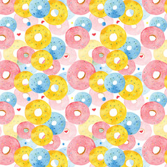 Seamless pattern watercolor donuts. Hand-drawn illustration, sweet donuts - obrazy, fototapety, plakaty