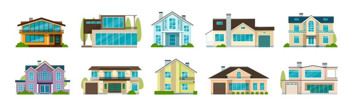 Flat cottage houses, residential villas, modern suburban housing. Real estate, house for sale, country house, residence property vector set. Illustration of home building cottage and house
