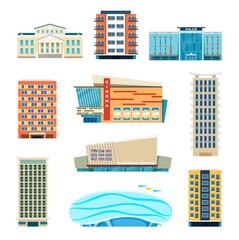Flat city building, modern apartment buildings, residential houses. Town hall, cinema, police station, urban municipal architecture vector set. Illustration of building apartment city © Frogella.stock