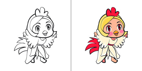 Cute Rooster Girl Cartoon Illustration