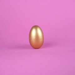 Golden egg on a pink background with a minimalistic concept. Easter concept, background about Easter. Copy space.