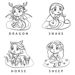 Set chinese zodiac or shio Lunar New Yeasign Dragon Snake Horse Sheep outline cartoon illustration