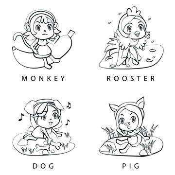 Set chinese zodiac or shio sign Monkey Rooster Dog Pig outline cartoon illustration