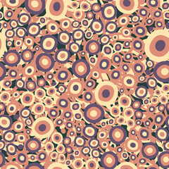 Abstract seamless pattern with floral motifs and small circles.