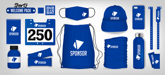 Sample welcome package with corporate gifts. Bag pack, bracelet, cap, clothes, drink bottle, energy bar, mask, mobile cover, neck warmer, protein bottle, start number, notebook. Vector, editable color