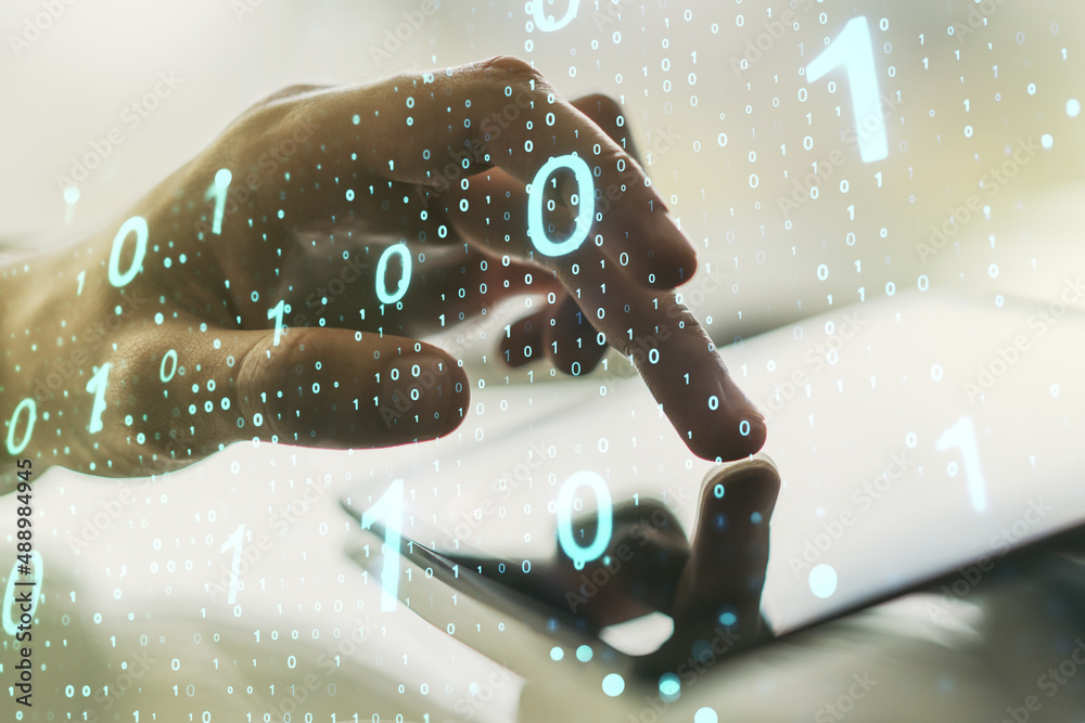 Aufkleber creative abstract binary code sketch and hand working with a digital tablet on background, hacking a